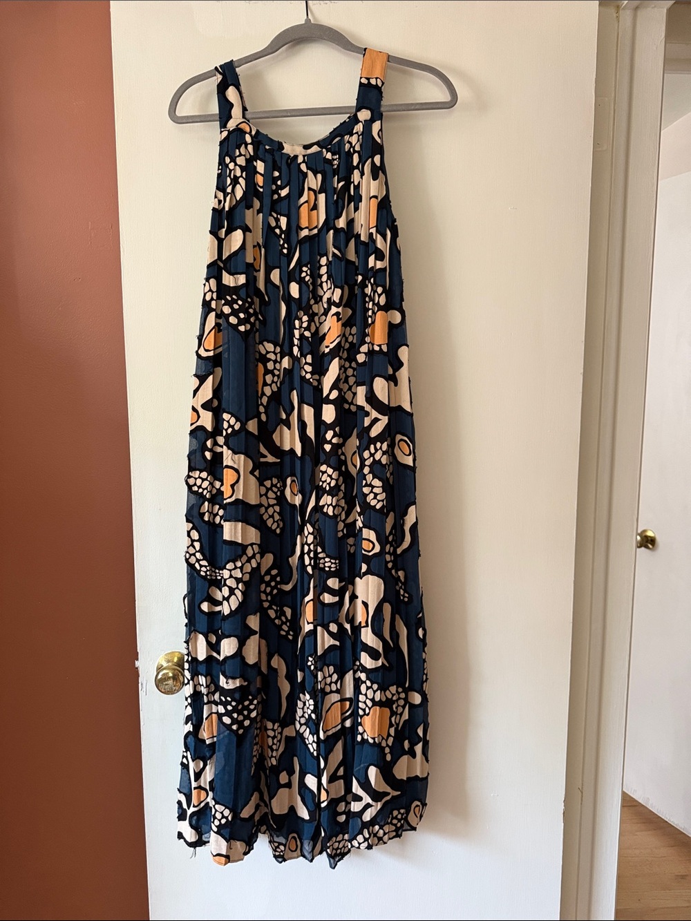 Ulla Johnson Blue, Cream and Orange Abstract Print Maxi Dress